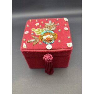 Vintage Red Velvet Beaded Embroidered Jewelry Box w Mirror Tassel Trinket Box